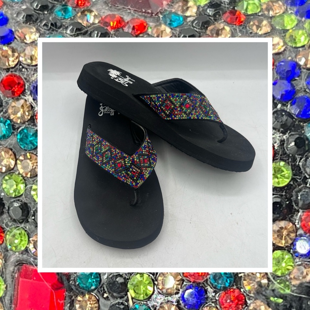 Jellypop Black Sandals with Multicolor Beaded Straps – Size 7